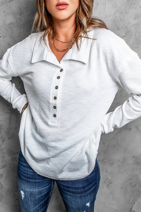 Button Front Turn-Down Neck Knit Top